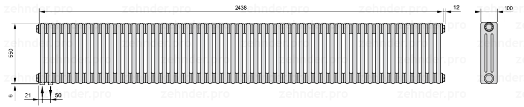 Схема (чертеж) Радиатор Zehnder Charleston 3055/53 №3370 Белый глянцевый RAL 9016
